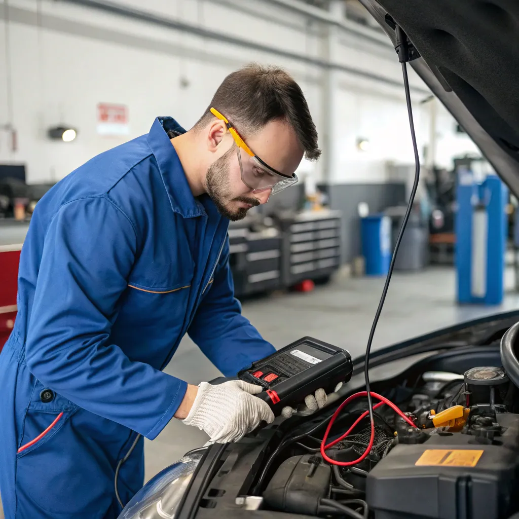 Technician performing engine diagnostics