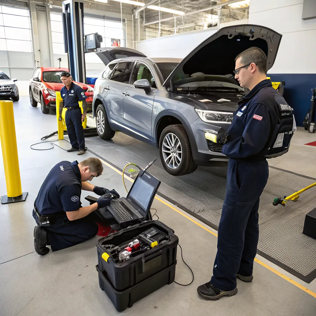 Technicians providing vehicle inspection service to Marissa Tollman at PYRANVEX